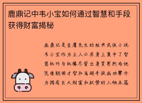 鹿鼎记中韦小宝如何通过智慧和手段获得财富揭秘